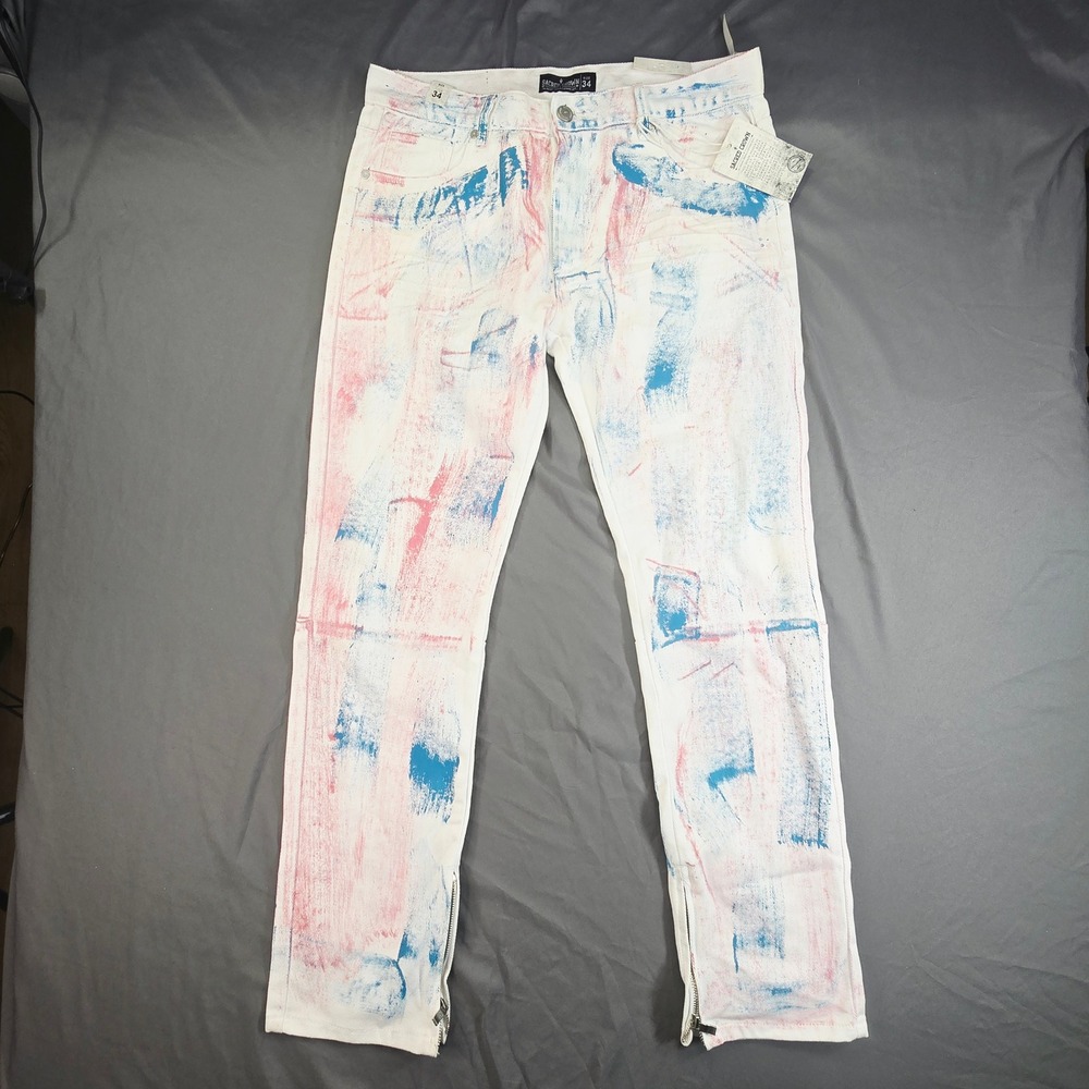 Sacred Crown Men's Paint Splatter Jeans 34x32 White Pink Blue Ankle Zip Slim